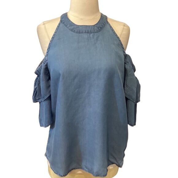 NWT Blue Rain Francesca’s Lyocell Chambray Blouse Top M Odd Shoulder - Picture 1 of 11